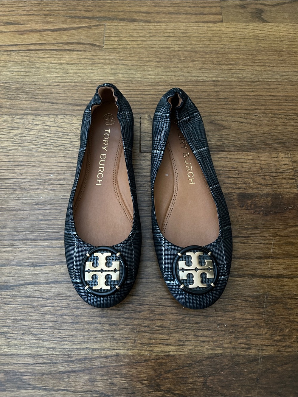 Tory Burch Black Plaid Logo Prince of Wales Round-Toe Ballet Flats Size 7.5